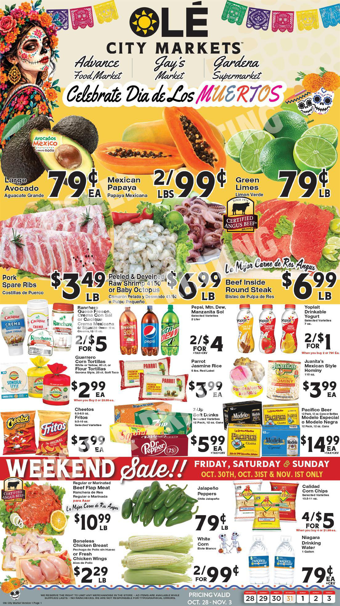 Weekly ad, page 1: featured offers and October 30–November 1 weekend specials. Offers are also listed as text on this page.