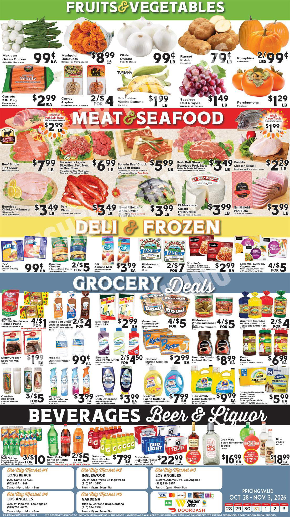Weekly ad, page 2: produce, meat, deli, grocery, beverages, and participating store locations. Offers are also listed as text on this page.